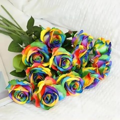 12 PCS Artificial Flowers Rainbow Roses Silk Flowers Fake Long Stem Colorful