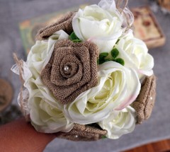 Handmade Burlap Wedding Bouquet Artificial Rose Pearl LaceBridesmaid Toss Bridal