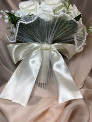 Artificial White Rose Wedding Bouquet with Satin Ribbon & Pearl Trim