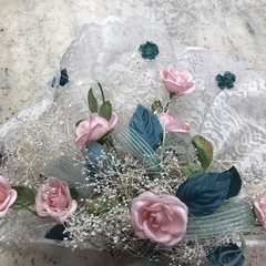 Vintage Shabby Chic Heart Wedding Bouquet Lace Green Ribbon & Pink Roses Wrist