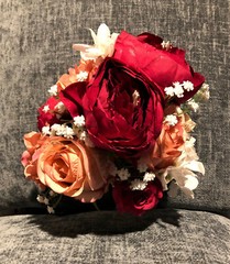Red, Pink and White Faux Flower Wedding Bouquet with Ribbon & Pearl Embellishmnt