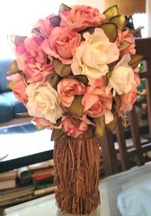 Rose Flower Bouquet Victorian Antique Style Rustic Wood Twig Vase Handcrafted