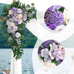 Purple Wedding Arch Flowers Kit (Pack of 3) with 26Ft White Arch Draping Fabric