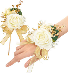 Ayieyill Ivory Rose Wrist Corsage Wristlet Band Bracelet and Boutonniere Set