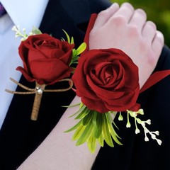 Aoriher 4 Pcs Wedding Party Corsage and Boutonniere Set, 2 Rose Wrist Corsage…