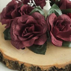 4 Burgundy CANDLE RINGS with SILK ROSES Wedding Flowers for Centerpieces