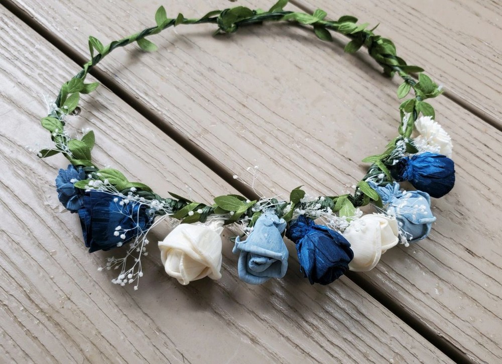 Dusty Blue Navy Flower Girl Crown Sola Wood Wedding Hair Adjustable Bridesmaid