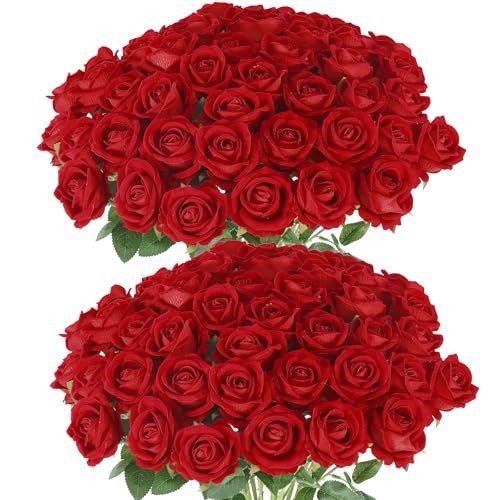 Hananona 50 Pcs Artificial Roses in Bulk, Fake Silk Red Roses Realistic Roses