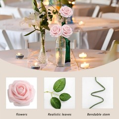 100PCS Light Pink Foam Roses with Bendable Stems & 24 Leaves – Wedding, Home, Pa
