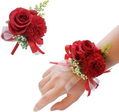 Elegant 2PCS Handmade Red Rose Wrist Corsage & Boutonniere Set for Weddings