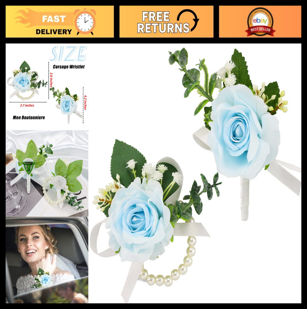 Blue Corsage & Boutonniere Set – Wristlet for Prom, Wedding Flowers, Party Decor