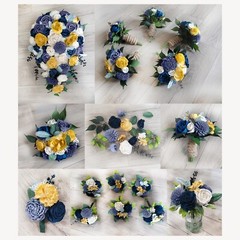Blue Gold Bridal Bouquet Cascade Sola Wood Denim Navy Blue Wedding Decor Flowers