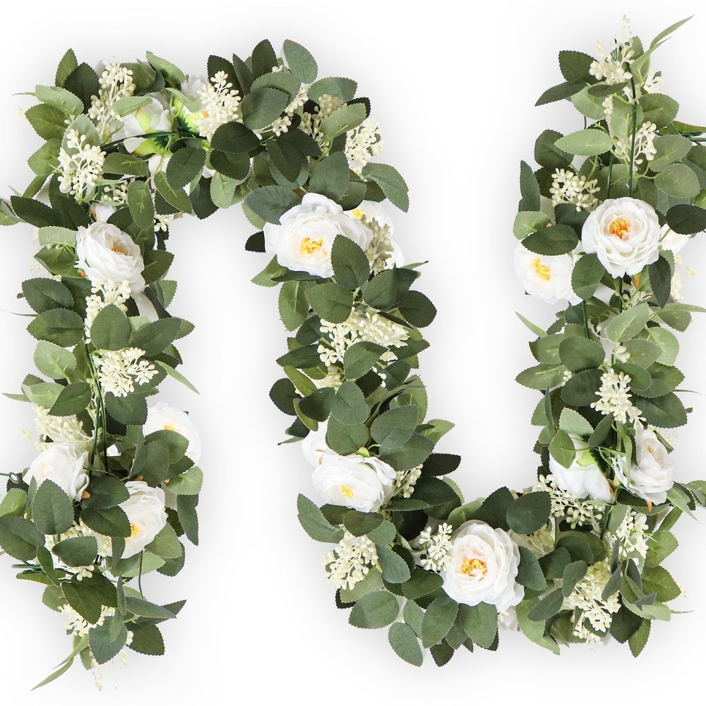 MAKHOT 2Pack White 6.6 Ft Eucalyptus Garland with Lovely Faux Rose Flowers, A…
