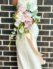 Soft pink & white rose, orchid & lily Wedding Waterfall Bouquet in real touch