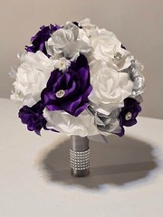 Wedding Bouquet Set Of 18, Bridal Bouquets Corsages Boutonnieres Purple Silver