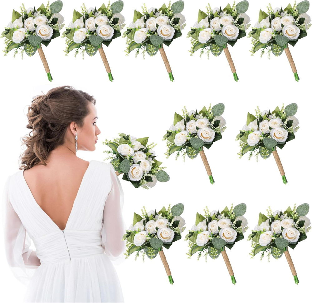 10 Pack White Artificial Bridesmaid Bouquets, 7 Inch, Vintage, Rustic, Boho Styl