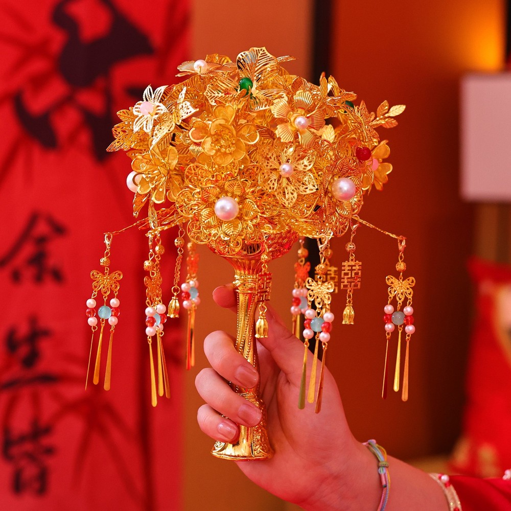 Gold Plated Bridal Hand Bouquet Chinese Wedding Flower Holder Accessory