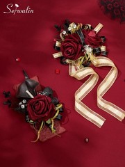 Serwalin Burgundy Prom Corsage and Boutonniere Set, Artificial Calla Lily Red Ro