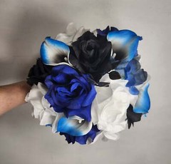 Royal Blue Black White Rose Calla Lily Bridal Wedding Bouquet Accessories
