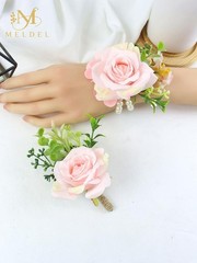 Wrist Corsage and Boutonniere Set2pcs, Artificial Silk Rose Pink Wrist Flower…