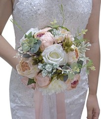 Artificial Flower Bridal Bouquet With White, Champagne, Pink Silk Flower Bouquet