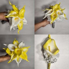 Yellow White Calla Lily Bridal Wedding Bouquet Accessories