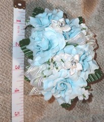 NEW 5″ Artificial Lt Blue Rose Wrist Corsage, Iridescent Bow Rhinestone Accents
