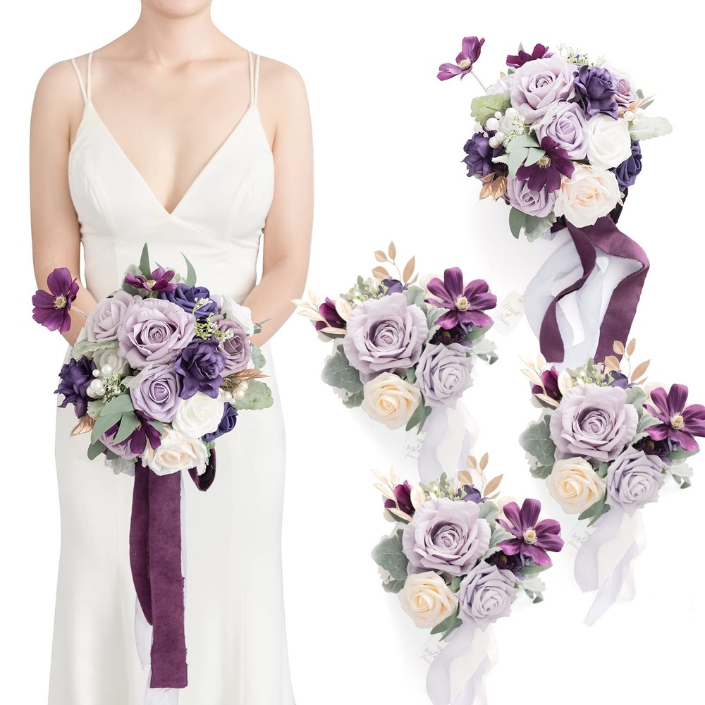 Ling’s Moment Lilac and Gold Bridesmaid Bouquet Set of 4, Lilac Wedding Bouqu…