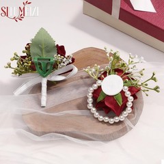 Silk Red Rose Corsage and Boutonniere Set for Prom Wedding Party Gift Box