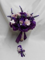 Rustic Package Silk Flower Wedding Bridal Bouquet Eggplant Lavender Lace Burlap
