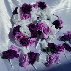 20 Pc Wedding Bouquet Set, Purple Roses, Lavender Roses, White Roses