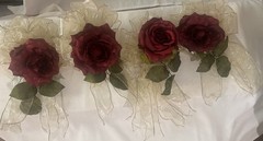 16 pc Artificial Rose Pomander/Wedding Décor / Ribbon, Burgundy/Gold w/Pew Clips
