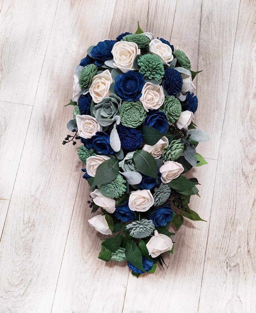 24″ Long Navy Sage Green Bridal Bouquet Sola Wood Cascade Blue Wedding Flowers
