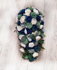 24″ Long Navy Sage Green Bridal Bouquet Sola Wood Cascade Blue Wedding Flowers
