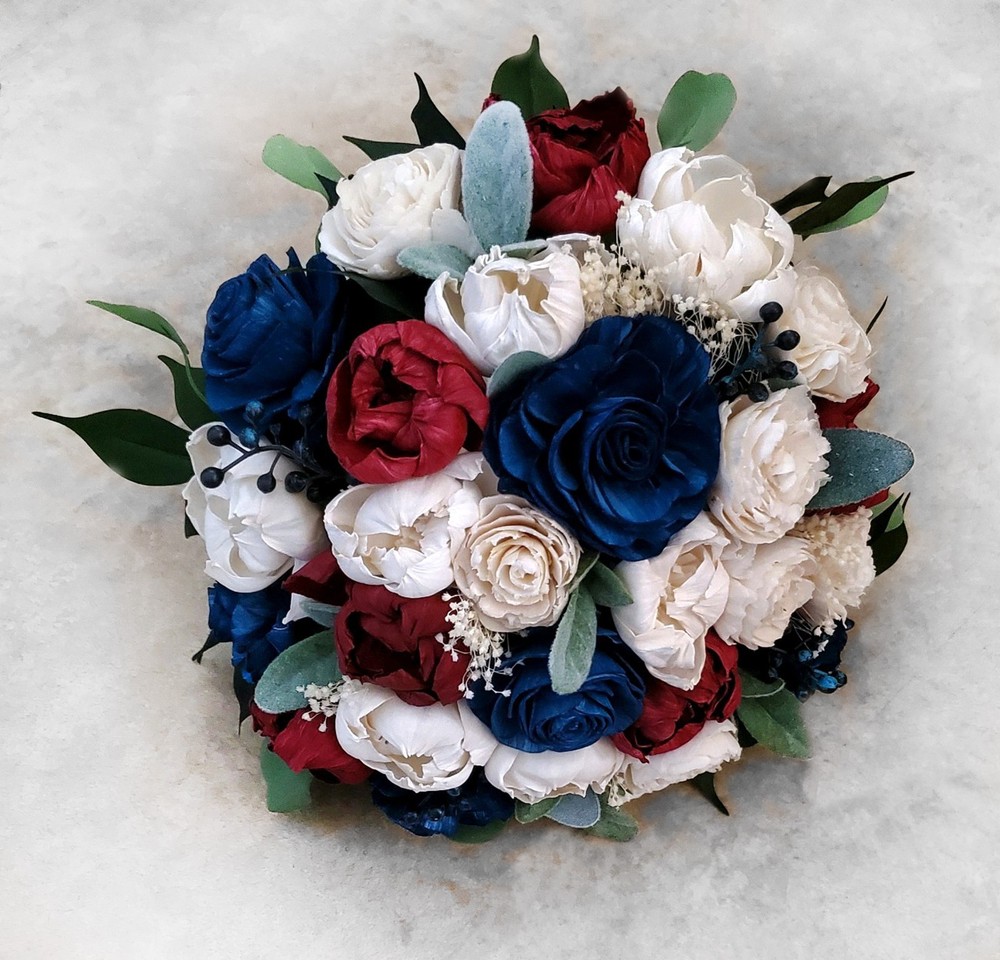 Burgundy Navy Bridal Bouquet Sola Wood Wedding Flowers Red Wine Blue Bridesmaid