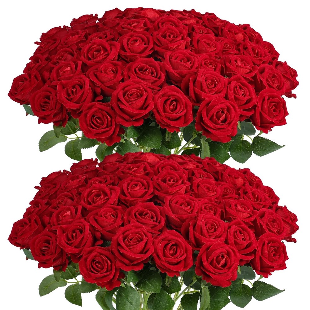 60Pcs Red Roses Artificial Flowers, Velvet Silk Faux Roses, Realistic Red Flo…