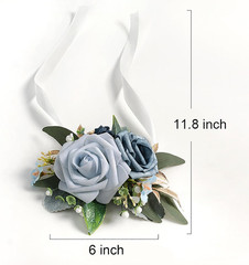 Set of 6 Dusty Blue Flowers Wrist Corsage for Wedding, Artificial Flower Wrist C