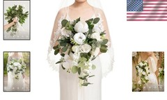 Elegant Wedding Bouquet Bride 13″ Ivory Rose Peony Orchid Faux Silk