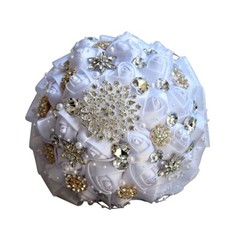 Handmade Luxury Rose Silk Pearls Rhinestone Brooch Wedding Bridal Bouquet Ivory