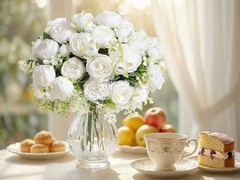 White Artificial Flowers Bouquet – 24 Bundles – Lifelike Silk Peonies