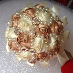 Handmade Luxury Rose Silk Pearls Rhinestone Brooch Wedding Bridal Bouquet Ivory