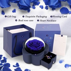 Preserved Rose with Heart Necklace, Eternal Flower Gift for ONE ROSE, Blue