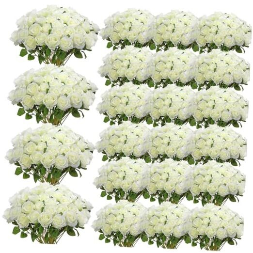 500 Pcs Artificial Silk Roses Flowers with Long Stem Bridal Wedding White
