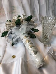 Beaded Flower Wedding Bridal Bouquet With Red White & Silver Handmade Flowers