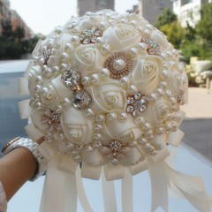 Handmade Luxury Rose Silk Pearls Rhinestone Brooch Wedding Bridal Bouquet Ivory