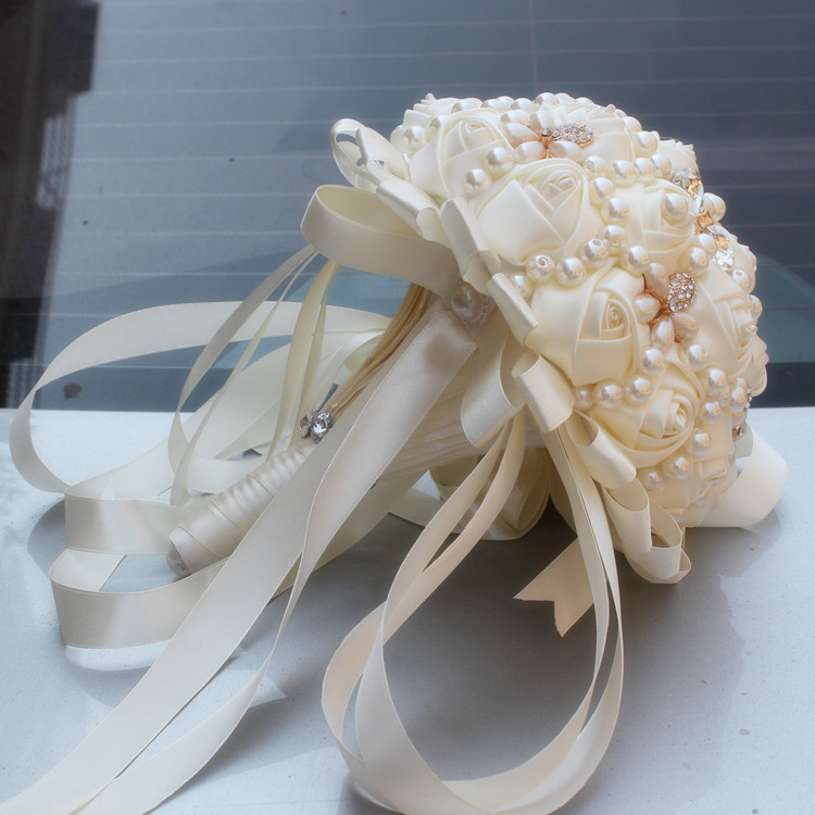 Handmade Luxury Rose Silk Pearls Rhinestone Brooch Wedding Bridal Bouquet Ivory