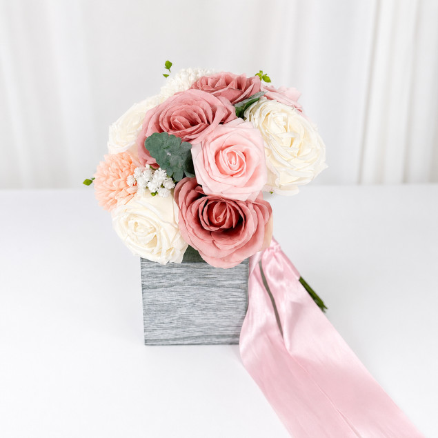 Mauve Pink Ivory Cream Faux Rose Bridal Bouquet Boutonniere Wedding Set