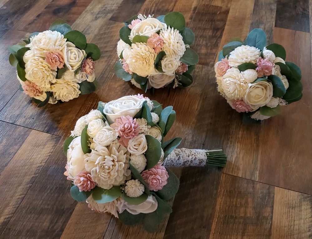 8PC Pink & White Sola Wood Flower Bridal Bouquet Bridesmaid Wedding Flower Set