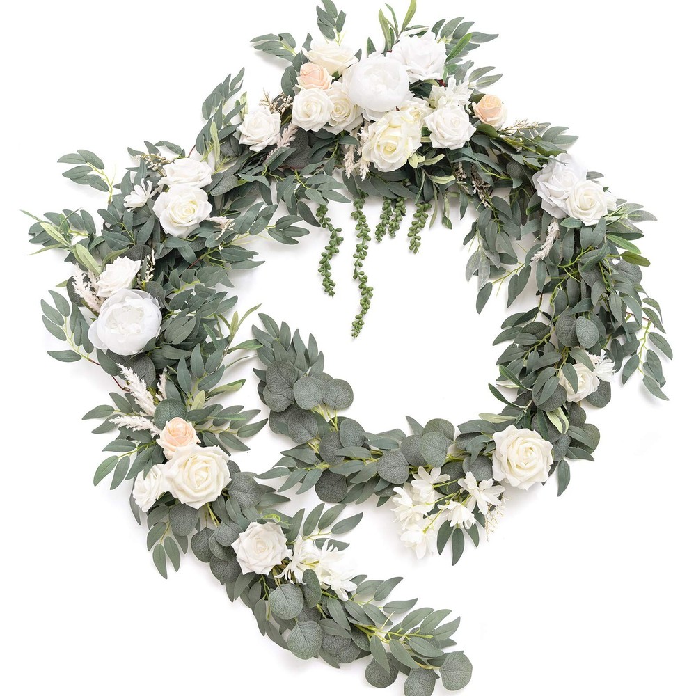 Ling’s Moment 9FT Eucalyptus and Willow Leaf Garland with White Flower, Handc…
