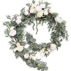 Ling’s Moment 9FT Eucalyptus and Willow Leaf Garland with White Flower, Handc…
